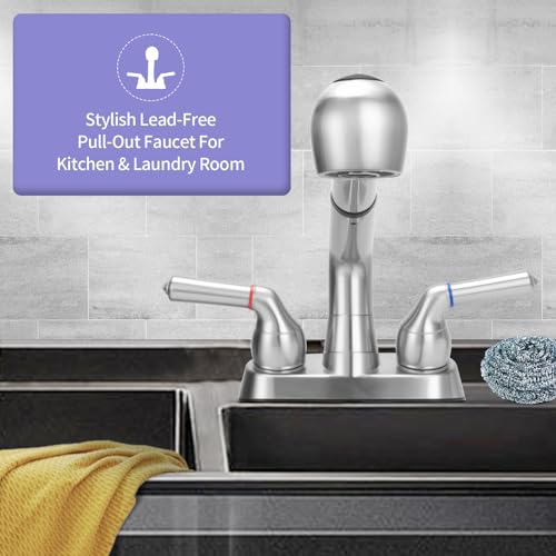 Chrome Finish Utility Sink Faucet with Pull Out Sprayer - Dual Handle, 4-Inch Centerset