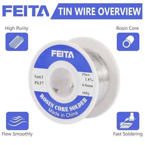 FEITA Sn63-Pb37 High Purity Tin Leaded Rosin Core Solder Wire for Electrical Soldering, With 1.8% Solder flux, 183¡É Melting Point (0.8mm, 100g)