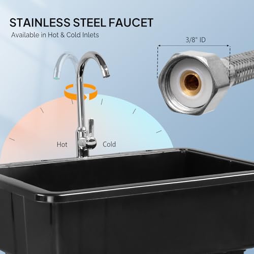 ROVSUN 20-Gallon Black Utility Sink with Hot & Cold Faucets, 36.2" Height, 32"L×23"W, Heavy-Duty Laundry & Garage Basin
