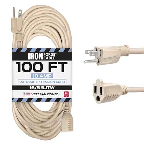 Iron Forge Cable Weatherproof 100 Ft Outdoor Extension Cord - 16/3 SJTW Heavy Duty Light Brown Extension Cord 3 Prong - 10 Amp Exterior Power Cable