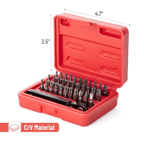 Bates Choice Mini Ratchet Set, 34 pcs, 1/4-Inch Drive, Cr-V Steel, Security Bit Set, Right Angle Screwdriver, 90 Degree Screwdriver, Torx Plus/Torx/Phillips/Slotted, Red Storage Box