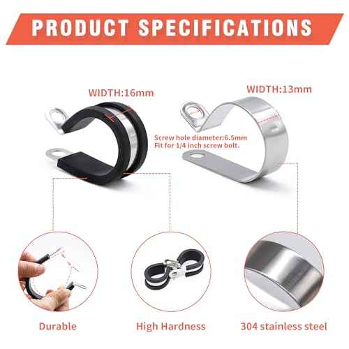 AKIHISA 36pcs 13mm Stainless Steel Cable Clamps, 1/2" Rubber Coated Cushioned Insulated Cable Clamp, Metal Clamp, Loop Clamps, Pipe Clamp for Wiring, Pipes and Hoses