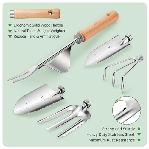 Grenebo Heavy Duty Gardening Tools Set with Green Tote Bag, Includes 8 Hand Tools for Women