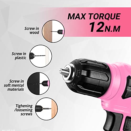 Pink Cordless Drill Set with 126 Pieces - 8V Power Hand Tool Kit for Women