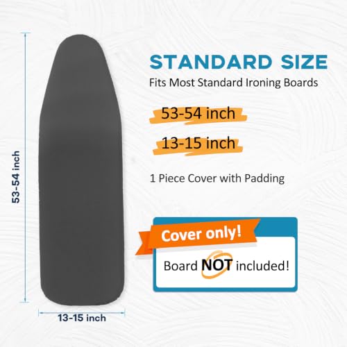 Ironing Board Cover with Padding 15"x54" Black (Rainhol) – Adjustable Fit, 10mm Padding, Heat-Reflective Aluminum