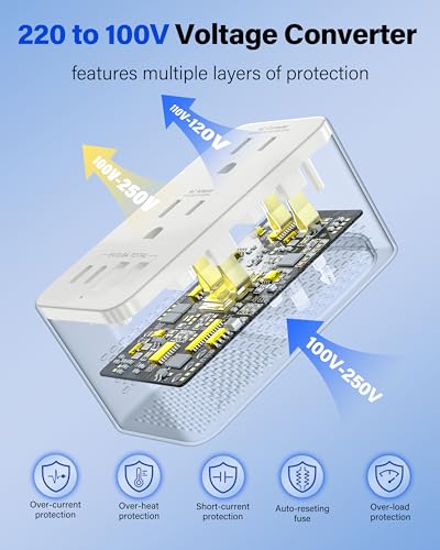 VASAIKO White Travel Voltage Converter US to Europe with 2 USB-C & 2 USB-A Ports, UK/AU/US/IT/European Plugs