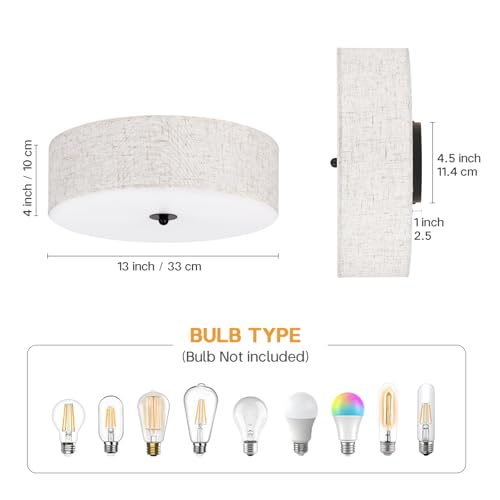 CALOKES Beige Fabric Drum Flush Mount Ceiling Light, 13-inch Modern Round Fixture for Bedroom & Kitchen
