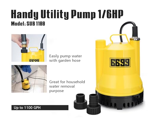 1/6HP Submersible Utility Pump for Water Drainage, Flood Cleanup, 1100 GPH