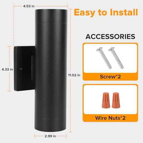 LUTEC Outdoor Wall Light Fixtures, Integrated LED Cylinder Up-Down Sconce, 16W 3000K Waterproof Aluminum Exterior Lighting, Modern Matte Black Wall Sconce Outdoor Lighting for Porch, Entryway, 2 Pack