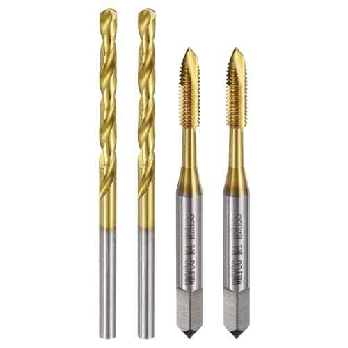 uxcell Metric Tap & Drill Bit Set, 2pcs M4 x 0.7 Spiral Point Thread Taps and 2pcs 3.3mm Twist Drill Bits, Titanium Coated HSS6542 Screw Tapping Threading Tools
