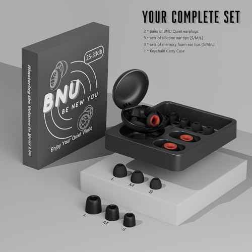 Concert Ear Plugs, 2 Pair BNU High Fidelity Noise Cancelling Earplugs Hearing Protection for Musicians,Festivals,Raves Sleep, 25-33db Noise Reduction 6 Pair Reusable Foam£¦Silicon Tips in S/M/L Black