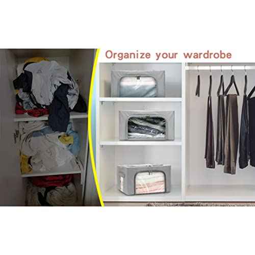 Stackable Clothes Storage Box for Clothing Gadgets,Steel Frame Storage Bins for Toys Gift,Foldable Oxford Fabric Closet Organizer Bag Set with Carry Handles Clear Window (Small- 22L x3 Pack, Grey)