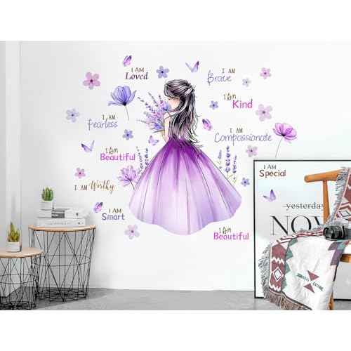 Butterfly Girl Wall Decal Flower Fairy Princess Wall Stickers Inspirational Quote Purple Lavender Floral Vinyl DIY Removable Peel and Stick Nursery Wall Decor for Kids Baby Bedroom Decoration DT-8617