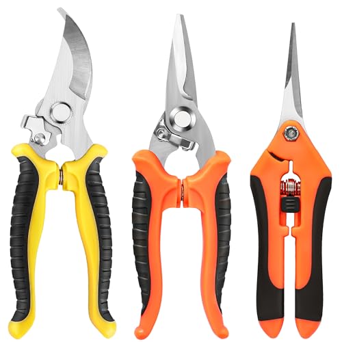 EWPJDK 3 Pack Garden Pruning Shears Scissors Clippers Stainless Steel - Yellow Orange