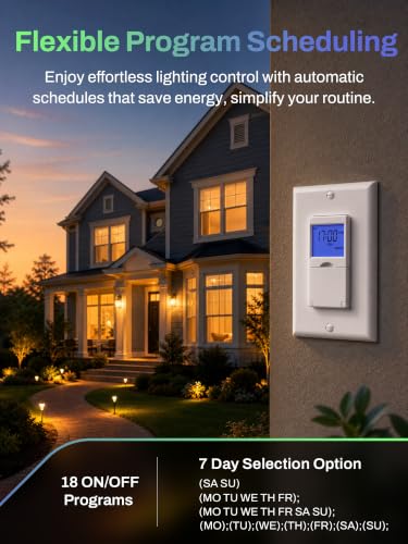 BN-LINK Blue Backlight 7-Day Programmable Digital Timer Switch for Lights & Fans - Model 7-Day Blue Backlight