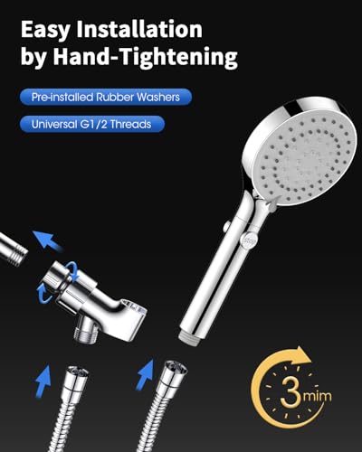 FASDUNT Handheld Shower Head with 5 Spray Modes & Chrome Finish, 80-Inch Hose