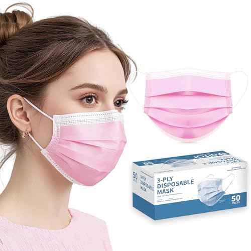 50 Pack Pink Disposable Face Mask for Adults, Solid Pink Breathable 3-Ply Earloop Full Face Protection for Women & Teen Girls