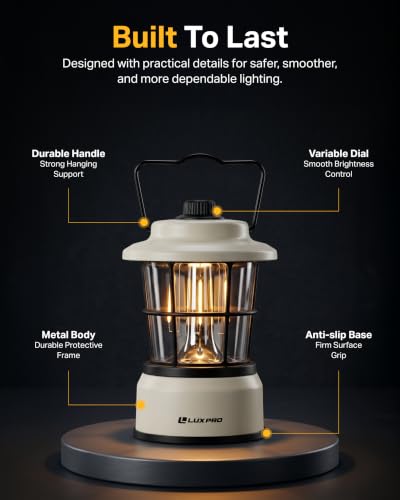 LUXPRO 2-Pack Retro Outdoor Camping Lanterns Beige Battery Powered, Dimmable LED
