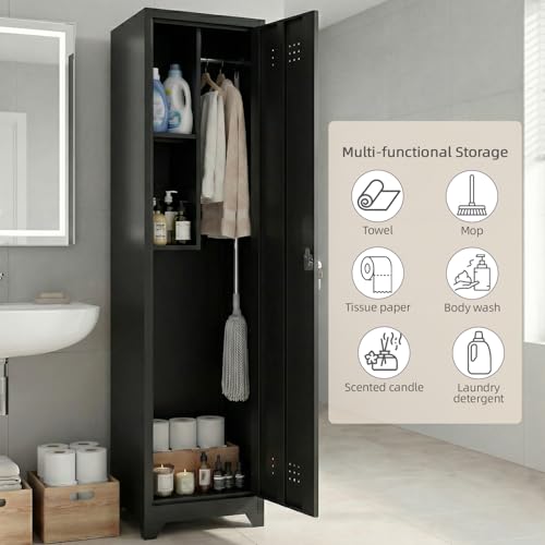 FATIGOS Slim Broom Closet Cabinet, Black Metal Storage Cabinet 65x15.8x15.8 with Lock, S-Hooks