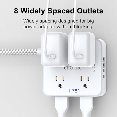 CHCORE 5 Ft White Braided Surge Protector Power Strip with 8 Outlets & 4 USB Charging Ports