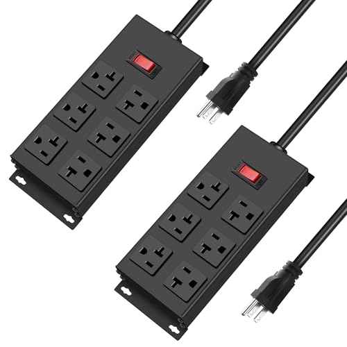 JUNNUJ 20 Amp Power Strip Heavy Duty 2 Pack, Garage 6 Outlets Metal 12 Gauge Surge Protector 3000J, High Amp 5-15P Adapter Shop 6-20R T-Slot Industrial (6AC 2-Pack, 6FT)