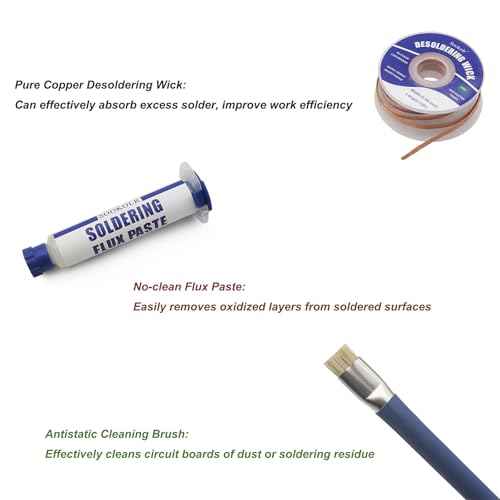 Desoldering Wick and Soldering Flux Paste, PCB Cleaning Brush Dual Head Anti-Static, No Clean Flux (10CC), Solder Wick 10Ft, Electronics Repair Solder Removal Kit
