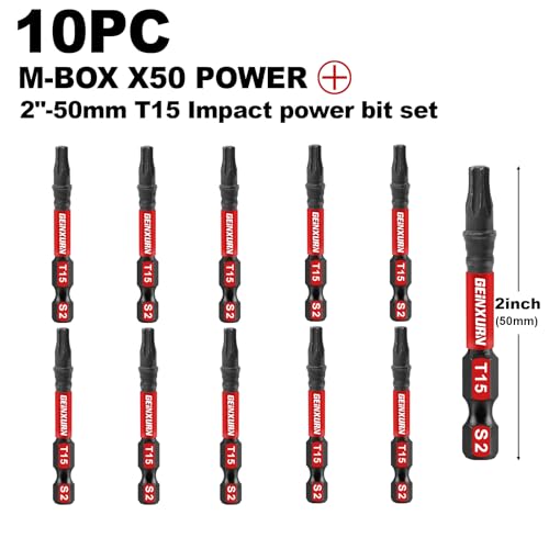 10Pieces 2 In. T15 Impact Tough Magnetic Screwdriver Bit Set, #15 Torx Head Power Bits, S2 Alloy Steel Star Bits with Storage M-Box