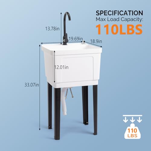 VINGLI 13-Gallon Utility Sink with Stainless Steel Faucet - White, 19.7"W x 18.9"D x 33"H