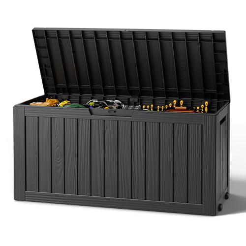 NBYSGO Striped Black 85 Gallon Outdoor Resin Storage Box with Lockable Lid