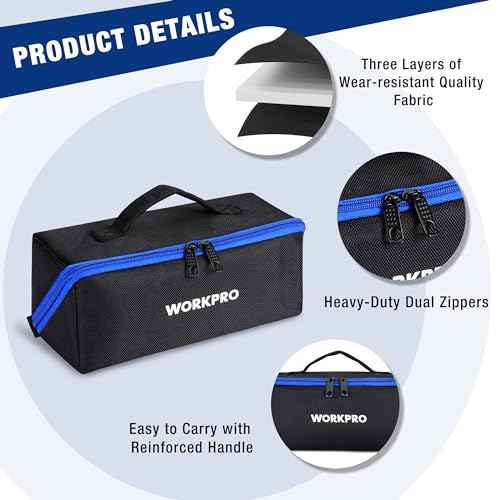 WORKPRO Tool Bag with Zipper, 10" Utility Wide Mouth Heavy Duty Tool Storage Bag, Multipurpose Zipper Tool Pouch Tote Bag for Organizer 3-pack