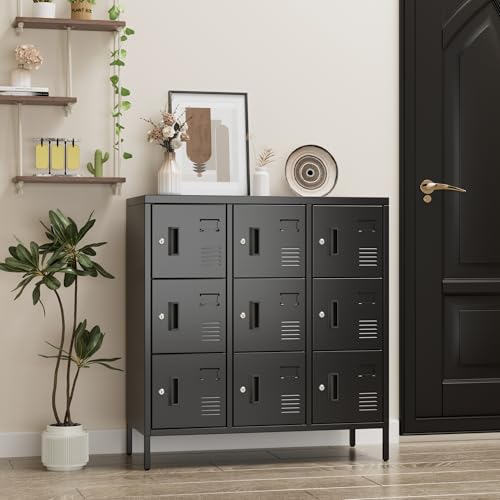 Aobabo 9-Door Metal Locker with Lock and Card Slot, Black – Compact Employee Storage