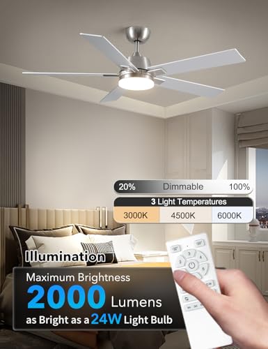 Rayqueen 52-Inch Nickel Ceiling Fan with Lights, Remote & Downrod Mount