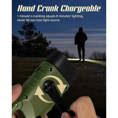 SEANCHEER Hand Crank Solar Powered Flashlights,Compact Emergency Rechargeable LED Flashlight Handheld Survival Flashlight,Quick Snap Carbiner Dynamo Flashlight for Outdoor,Sports,Hiking-Army Green