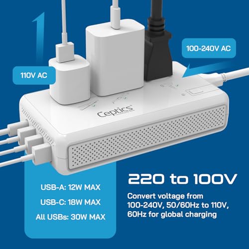 Beige Ceptics 220V to 110V Travel Voltage Converter with USB-C PD 18W, 4 USB Ports, 2000W & 2x 200W Outlets