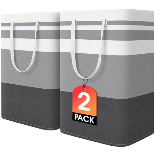 HomeHacks 2 Pack Large Laundry Hampers Bags Grey 75L - Collapsible, Waterproof, Heavy Duty Handles