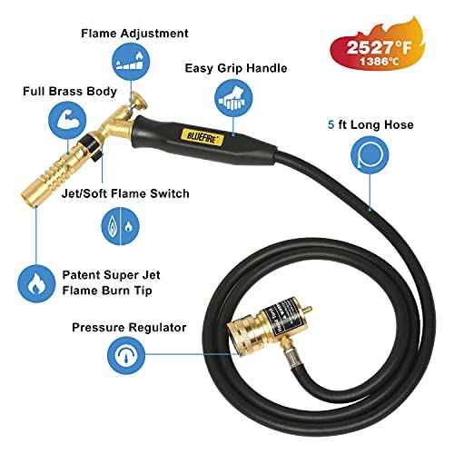 BLUEFIRE MRAS-8210 Super Jumbo Turbo Flame Propane Gas Welding Torch with 5' Hose Fuel by MAPP MAP Pro Propane Great High Intensity Nozzle Head for Soldering Brazing Large Dia Copper Pipe