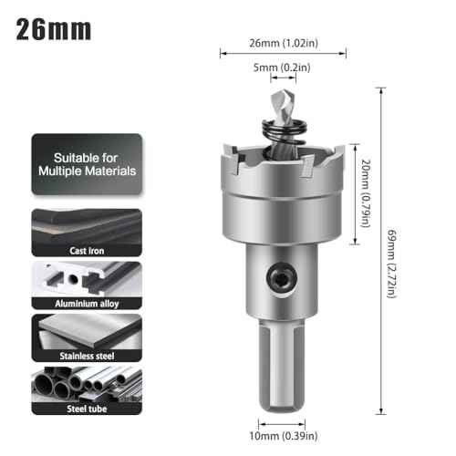 1" (26mm) TCT Hole Saw Kit Tungsten Carbide Tipped Hole Saw Drill Bit with Titanium-Plated Pilot Drill Bit for Metal, Stainless Steel, Iron, Wood, Plastic