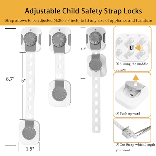 Fursafe&Q Child Safety Cabinet Proofing, Baby Cabinet Locks Adhesive Adjustable Child Safety Strap Locks Drawer Fridge Ovens Toilet Latches No Screws for Furniture Kitchen 6 Pack