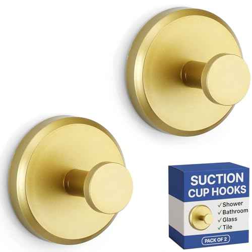 HOME SO Suction Cup Hooks for Shower, Bathroom, Kitchen, Glass Door, Mirror, Tile ? Loofah, Towel, Coat, Bath Robe Hook Holder for Hanging up to 15 lbs ? Waterproof, Matte Brushed Satin Gold (2-Pack)