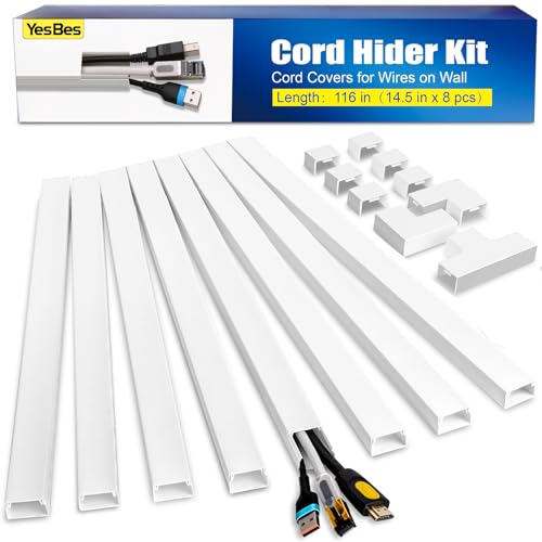 YesBes Wall Mount TV Cord Hider Kit White 116in Paintable Cable Raceway