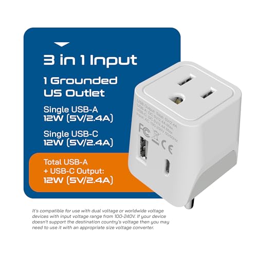 Ceptics Thailand Travel Plug Adapter Gray White with USB-C & USB-A - Compact 3-in-1 Power Converter