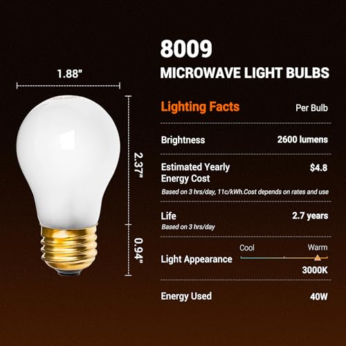 Belleone 8009 2 Pack 40W Refrigerator & Oven Light Bulbs, E26 120V, Yellow Warm Light