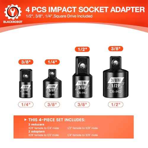 BLACKROBOT 4 Piece Impact Socket Adapter Set, 1/4" 3/8" 1/2" SAE Drive Socket Adapter Set, Square Adapter and Reducer Conversion Set for Impact Driver Wrench, Cr-Mo Steel