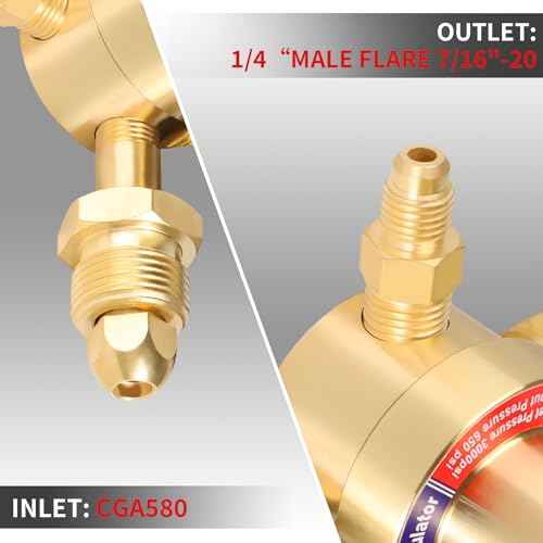 BO WELD Nitrogen Regulator with 0-800 PSI, CGA580 Inlet Connection and 1/4'' Male Flare Outlet Connection Gauges£¬Nitrogen Tank Regulator with 5Ft Refrigeration Hose