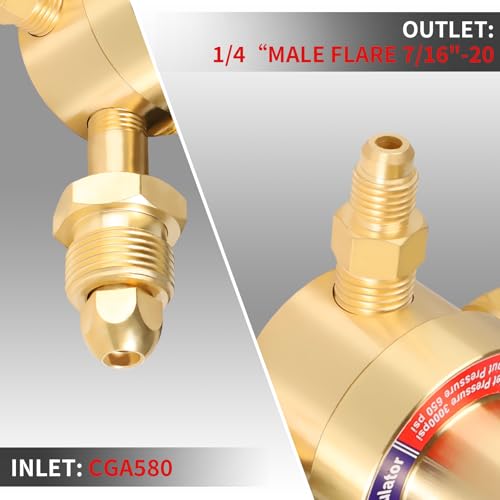 BO WELD Nitrogen Regulator with 0-800 PSI, CGA580 Inlet Connection and 1/4'' Male Flare Outlet Connection Gauges£¬Nitrogen Tank Regulator with 5Ft Refrigeration Hose