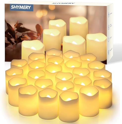 SHYMERY Warm White Flameless Votive Candles 24 Pack - Realistic Flickering LED Tea Lights, 200+ Hour Battery Life for Weddings & Holidays