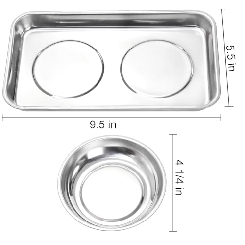 Okllen 6 Pcs Magnetic Parts Tray Set, Stainless Steel Heavy Duty 9.5"W x 5.5''L Square and 4 1/4" Round Extra Strong Magnetic Tool Trays Holder for Socket Screw Nuts Bolts Metal Parts