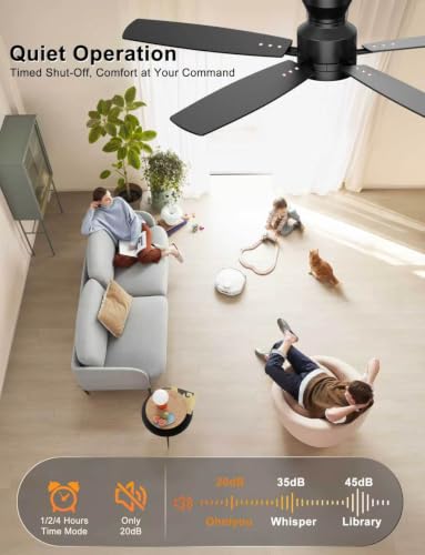 Ohniyou 52'' Low Profile Black Ceiling Fan with Lights, Remote & App Control