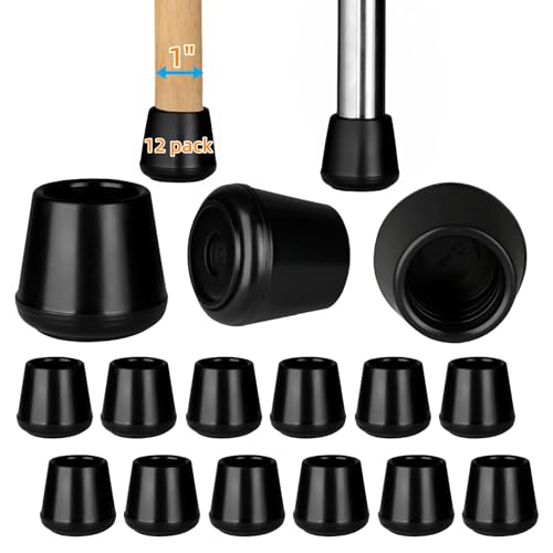 Furnigear 1 Inch Rubber Chair Leg Tips Caps Black 12 Pack - Floor Protectors