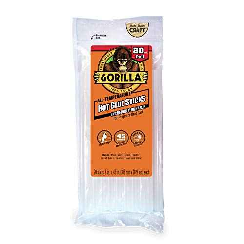 Gorilla Hot Glue Sticks, Clear Glue, Full Size 8" Long x 0.43" Diameter, 20 Count (Pack of 1) - Safe for All Temperatures with Extended Working Time
